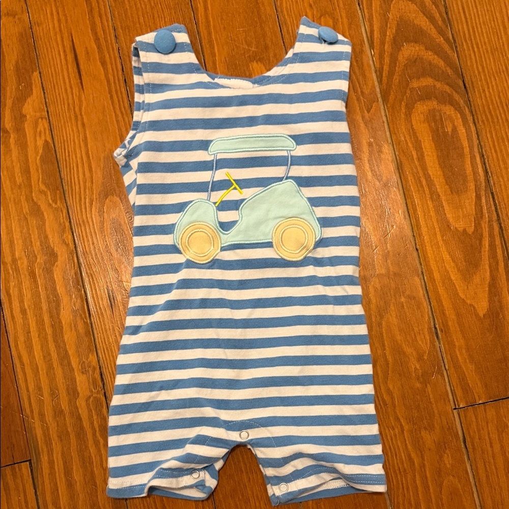 Blue and White Striped Baby Romper with Golf Cart Applique